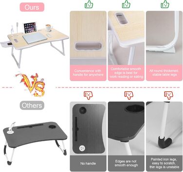 Складаний столик для ноутбука з USB-портом, ручкою, відділенням для карток, тримачем для напоїв та ящиком. Білий клен.