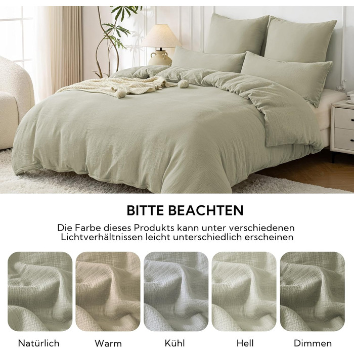 Набір постільної білизни SOULFUL з мусліну 200x200, бавовна, 2 шт. (простирадло 135x200 см, 2 наволочки 80x80 см), з блискавкою, ÖKO-TEX, Небесно-зелений