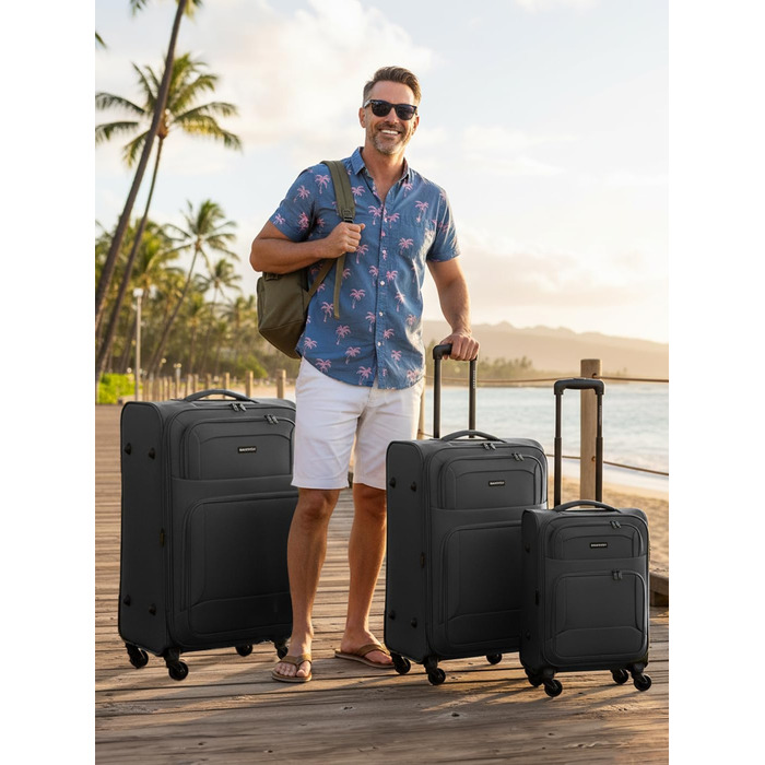 Набір валізак Smartbox (3 шт.) для жінок та чоловіків | Легкі та міцні валізи-ролери, розширювані, з кодовим замком, 4 колеса, чорний колір