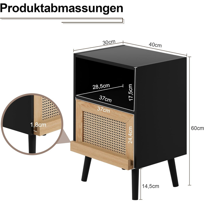 Комплект з 2 тумбочок з дерева та ротанга, 40 х 30 х 60см, чорний