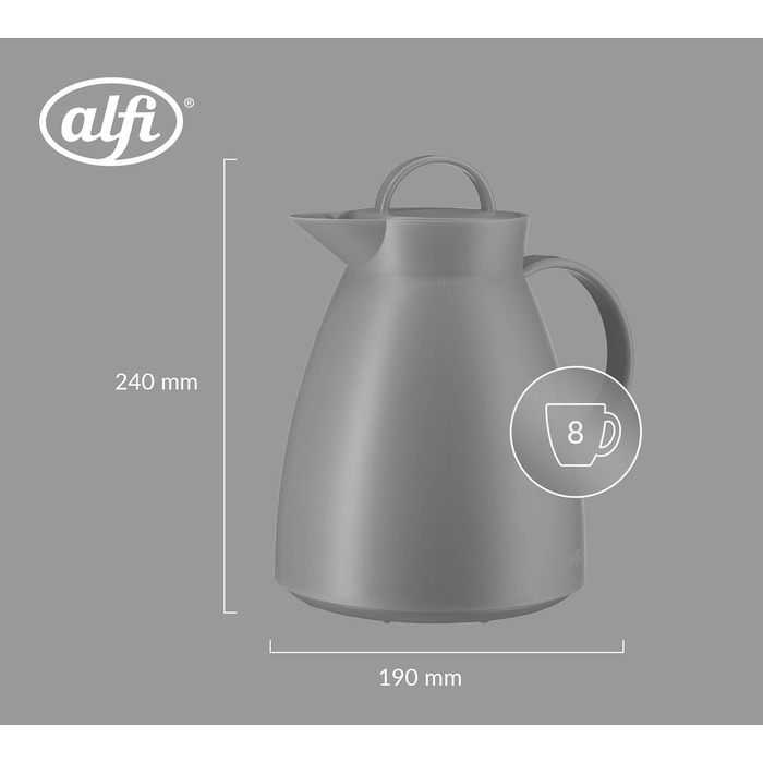 Термос Alfi DAN 1.0 л, пудрово-рожевий, з термоізоляційним корпусом з пластику та скляною вставкою, з кришкою-поворотом, дизайнерський, ідеальний для кави та чаю, BPA-free (без фільтра для чаю), Graphite Grey