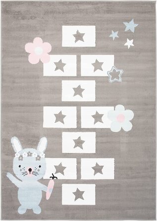 Дитячий килим TAPISO, дитячий килим з коротким ворсом, сірий, білий, рожевий, синьо-сіро-коричневі квіти, місячний кролик, сучасна дитяча кімната (140 х 200 см, сіро-синій 1)