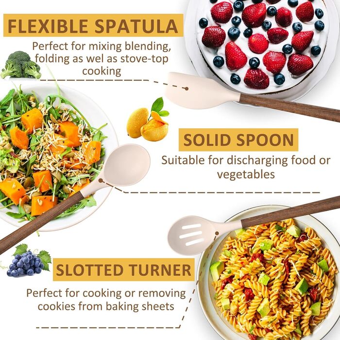 Набір кухонних аксесуарів Kochutensilien, 8 предметів з дерев'яними ручками, силіконовий набір, антипригарне покриття, термостійкий, легке очищення (Хакі)