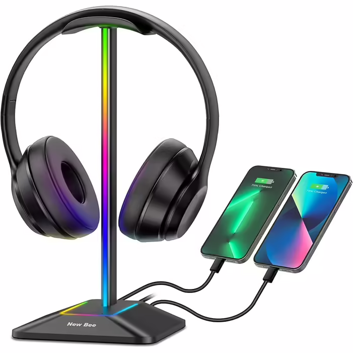 Підставка для навушників New Bee з RGB підсвіткою, USB Type-C зарядкою та передачею даних, універсальний тримач для геймерських навушників, чорний