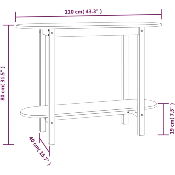 Консольний стіл Homgoday з 1 полицею, дерев'яний стіл, журнальний столик, стіл для передпокою, 110x40x80 см, масив сосни, білий
