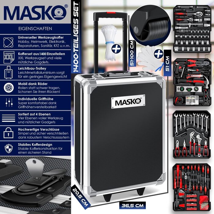 Набір інструментів MASKO 1400 предметів в алюмінієвому кейсі на колесах для дому, авто та хобі - професійний візок для інструментів