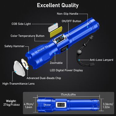 Ліхтар Blukar LED з двома кольоровими температурами, бічним COB-світлом, регулюванням яскравості та зумом, акумуляторний, водонепроникний, 7 режимів, синій