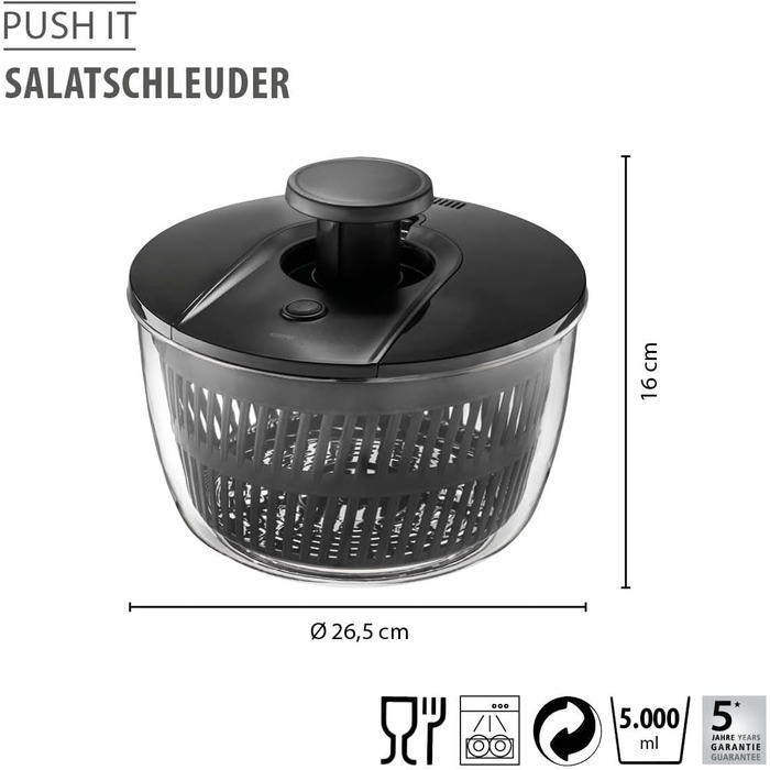 Салатниця GEFU з відром для відстоювання, 3л, чорно-сіра | Пластикова миска з вбудованим ситом та механічним приводом