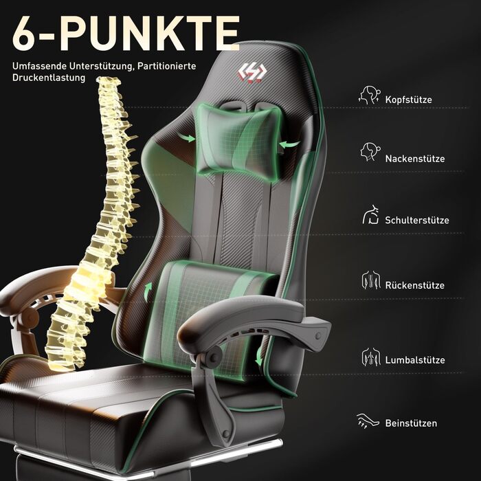 HLONONE Ігровий крісло, ергономічний геймерський крісло з кишеньковим пружинним матрацом, гоночний крісло для геймерів з підніжкою, підтримкою попереку, регульоване офісне крісло, вантажопідйомність 150 кг, PC крісло (Чорний-зелений)