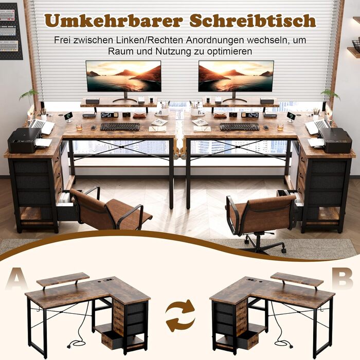 Кутовий стіл Devoko з 4 висувними ящиками з тканини, 2 розетками та 2 USB-портами, для дому та офісу, ігор, білий, 140x80 см