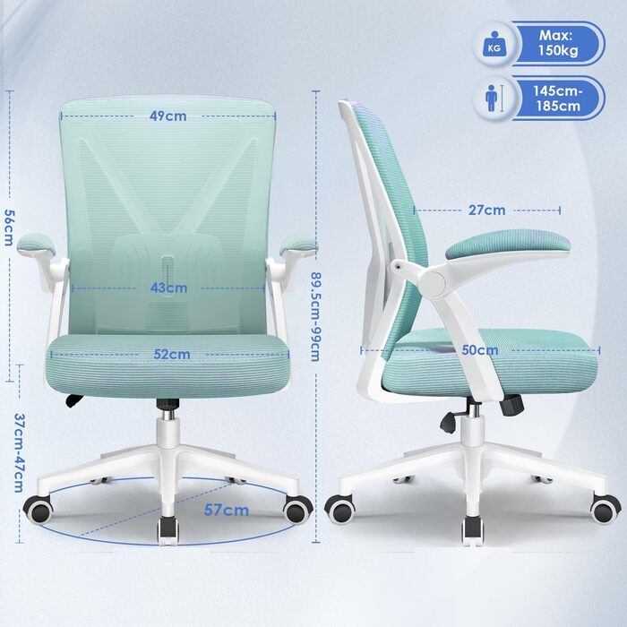 Офісне крісло Hinode з підйомними підлокітниками та функцією гойдання, 360° обертання, регульована висота, ергономічне крісло для дому та офісу з дихаючою сіткою, до 150 кг (Блакитно-зелений, Стиль 1)