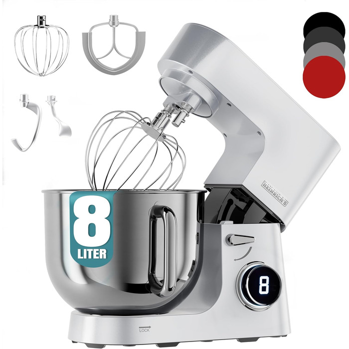 Кухонна машина Heinrichs 2500W з подвійним гаком для тіста, міксером та вінчиком, 8 швидкостей, чаша 8л з нержавіючої сталі, тиха, колір 