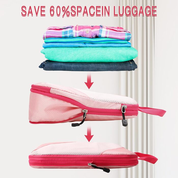 Набір компресійних органайзерів для подорожей AiQInu (5 шт.), ультралегкі сумки для пакування одягу в валізу з мішком для взуття та прання, рожеві