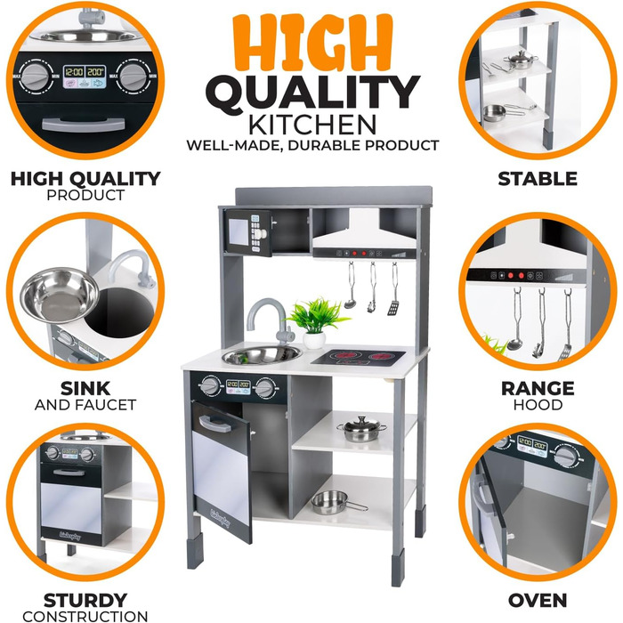 Дерев'яна дитяча кухня Kinderplay з LED та звуками приготування їжі, регульована висота 92–107 см, іграшкова кухня для ролевих ігор від 3 років, повний комплект з аксесуарами, світло-сірий (Modern - Grau)