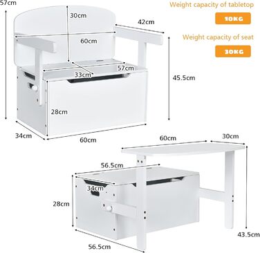 В 1 Дитяча лавка, Дерев'яне дитяче крісло з місцем для зберігання та підлокітниками, Сидіння Chest Children, включаючи письмовий стіл, Іграшкова скриня Ящик для іграшок, підходить для дітей від 3 до 7 років Білий, 3