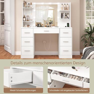 Дзеркальний туалетний столик TEENFON з LED-підсвіткою, 7 ящиками та 4 відкритими полицями, білий