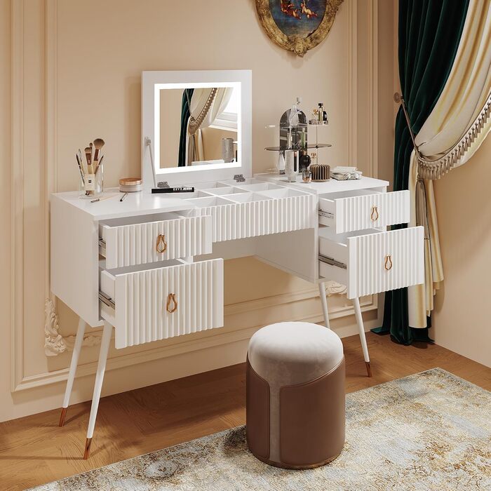 Туалетний столик Merax з дзеркалом та LED-підсвічуванням, з поличкою, 6 висувних ящиків, золоті ручки, білий, 102x100x41.5 см (без табурета)
