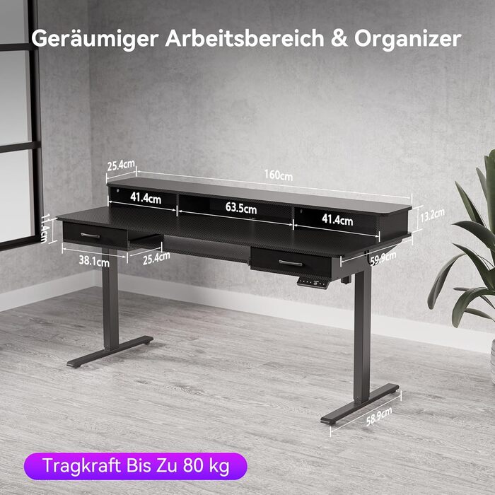 Регульований за висотою стіл Höfer з підставкою для клавіатури, 160x60 см. Стіл для комп'ютера з 2 шухлядами, підставка для монітора для дому/офісу, чорний 160 x 60 см