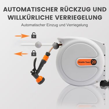 Спіральний шланг для саду Giraffe Tools Wandmontierte Schlauchbox з автоматичним намотуванням, 2м + 20м, 7 насадок, поворотний на 180°