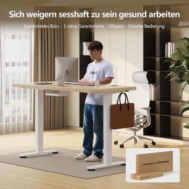 Регульований стіл, 160x80 см, електричний стоячий стіл з подвійним мотором, сенсорна панель, USB-A, кабелеуправління, стільниця 25 мм, ергономічний офісний стіл, білий