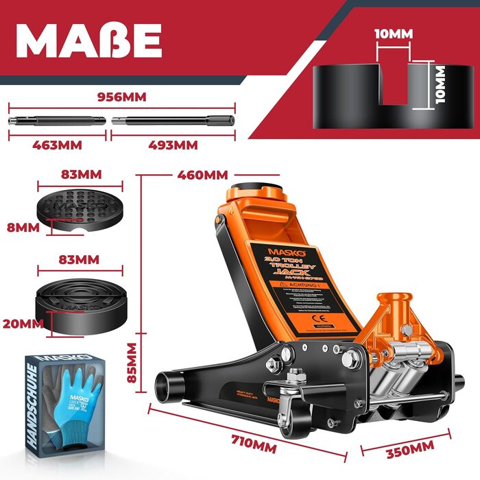 Гідравлічний домкрат MASKO 3T з низьким профілем (85-460 мм), 3 гумові накладки, для автомобілів SUV, 360° колеса, рукавички в комплекті. Підйомник-опора до 3 тонн (Помаранчевий)