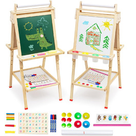 Дитяча мольберт Kinder з паперовою рулонкою, двостороннє Whiteboard та крейдяна дошка, мольберт для малювання з цифрами та аксесуарами, регульована висота, з підстаканником, білий