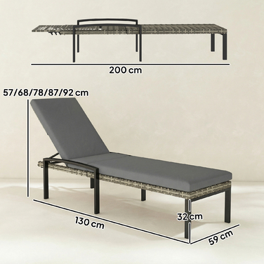 Набір із 2 шезлонгів із техноротанга для саду, з 5-позиційною регульованою спинкою, витримують до 120 кг, світло-сірі