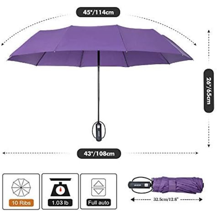 Складна парасолька ZOMAKE Stormproof, маленька з відкриттям-закриттям, 10 ребер, захист від ультрафіолету, фіолетовий