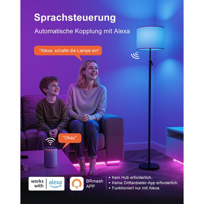 Світлодіодна торшер DUSKTEC RGB для вітальні, смарт-лампа з димером, керування через APP, тепле та холодне біле світло, 10W, 1200LM, регульована висота