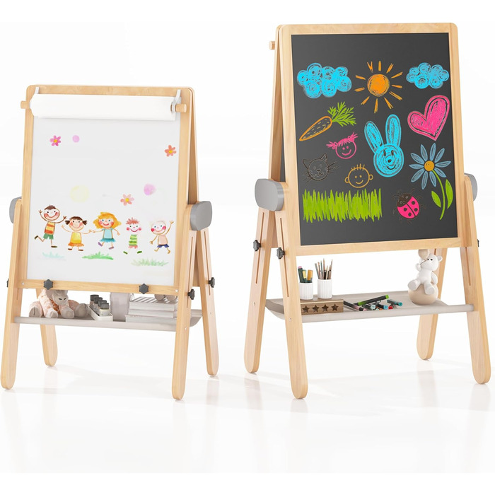 Дитяча мольберт BanaSuper 3-в-1: магнітна дошка, біла дошка, велика поверхня для малювання | Регульована висота (90-110 см), складаний | Для творчості дітей, сірий