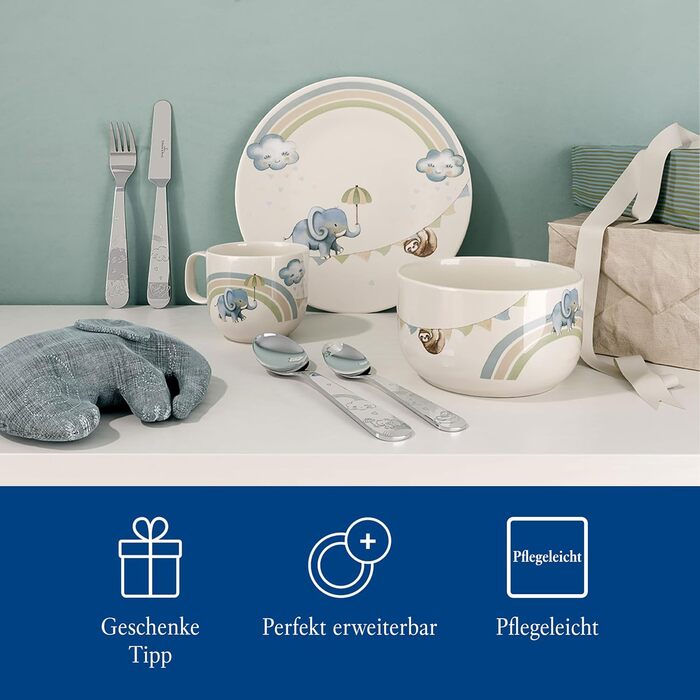 Дитячий набір посуду Villeroy & Boch Boho Kids 'Walk like an elephant' (3 шт.) – блакитний, преміум-посуд для дітей, миття в посудомийній машині, безпечний для мікрохвильовки, з зображенням слона та лінивця