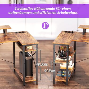 Кутовий ігровий стіл з LED-підсвіткою та розетками, 120x70 см, колір: сіра береза (рустикальний коричневий)