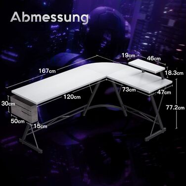 Стіл для ігор, комп'ютерний стіл, ігровий стіл, круглий кут, полиця для монітора, 127 x 127 см, чорний (167 x 120 см, 3 білі)