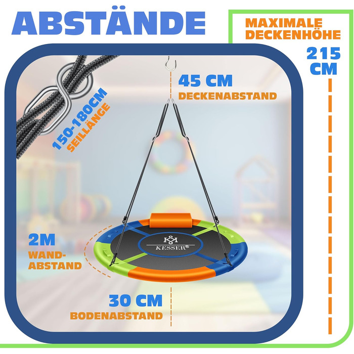 Шоукель KESSER® Tellershaukel Ø 120cm, до 300кг, з подушкою та 4 ручками, регульована, для дітей та дорослих, Indoor & Outdoor, кольорова