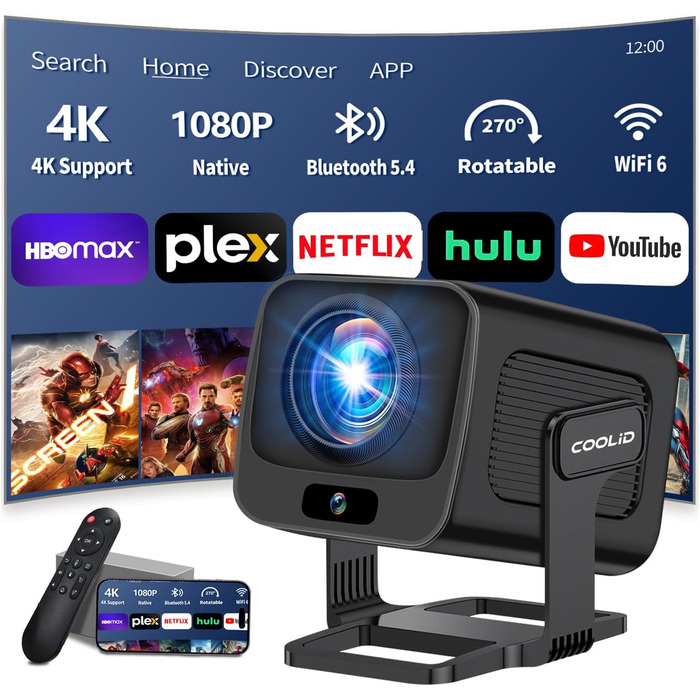 Портативний проєктор Mini Beamer 4K Full HD з 5G WiFi 6, Bluetooth 5.4 та автоматичною корекцією трапеції. Підтримка TV Stick, USB, Laptop, PC. В комплекті миша та пульт. Чорний (Black-V)