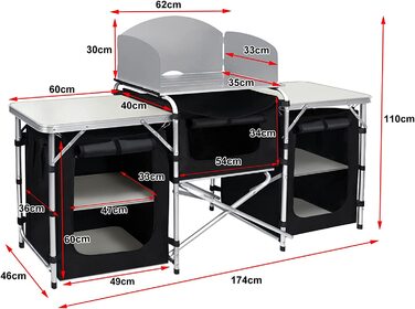 Кемпінгова кухня Кемпінгова шафа з алюмінієвою рамою, Відкритий кемпінг Кухня Кухня Подорожі Кухонний намет Шафа Кухонна коробка Чорнило. Сумка для перенесення 5 відділень - 174 х 46 х 110 см