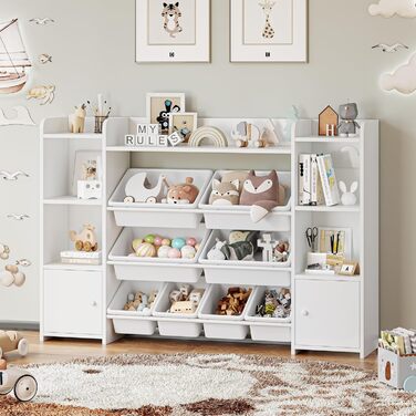 FOREHILL Дитяча полиця з 8 ящиками, дитячий шафчик, полиця для книг для дітей, органайзер для зберігання в дитячій кімнаті, меблі з іграшковою коробкою, 138,8 x 94,3 x 29,6 см, білий