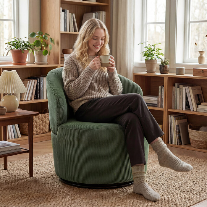 Крісло Акцентне, поворотне на 360 градусів, сучасне крісло з круглим підставою, для вітальні та спальні, зелене