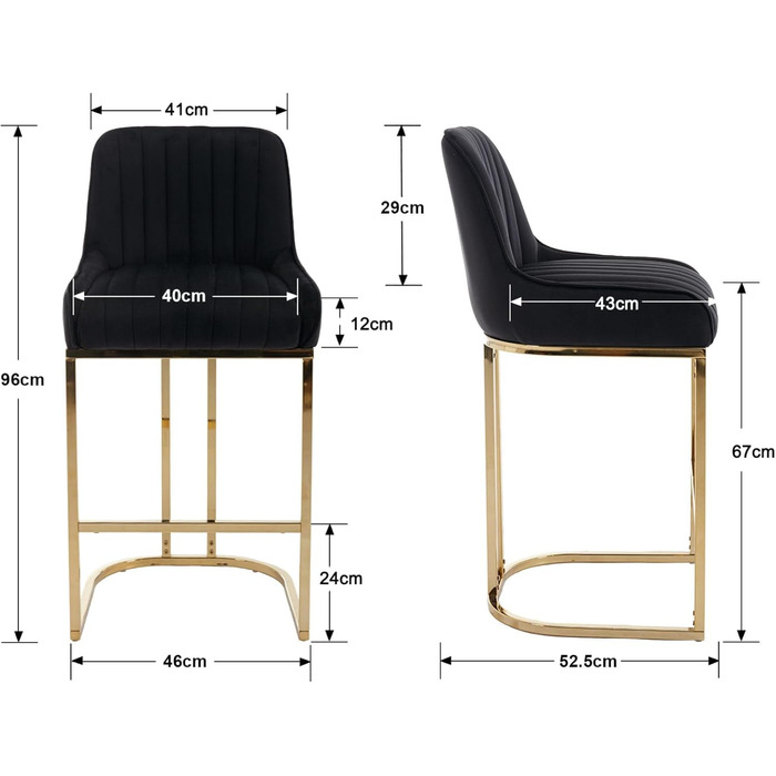 Набір з 2 барних стільців з велюру з золотистими металевими ніжками, м'яке сидіння, зі спинкою, без підлокітників для кухонної зони/домашнього бару (Чорний)