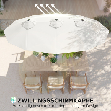 Сонячний парасоль, садовий парасоль, регульований нахил, з ручним механізмом, захисне покриття від вітру, поліестер + сталь, кремово-білий, 295 x 152 см