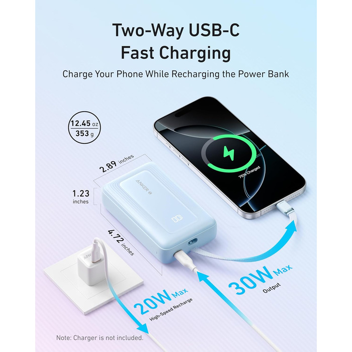 Powerbank Anker Zolo (2025 Upgrade) 20000mAh 30W з USB-C кабелем. Підходить для iPhone, Galaxy та інших пристроїв. Білий