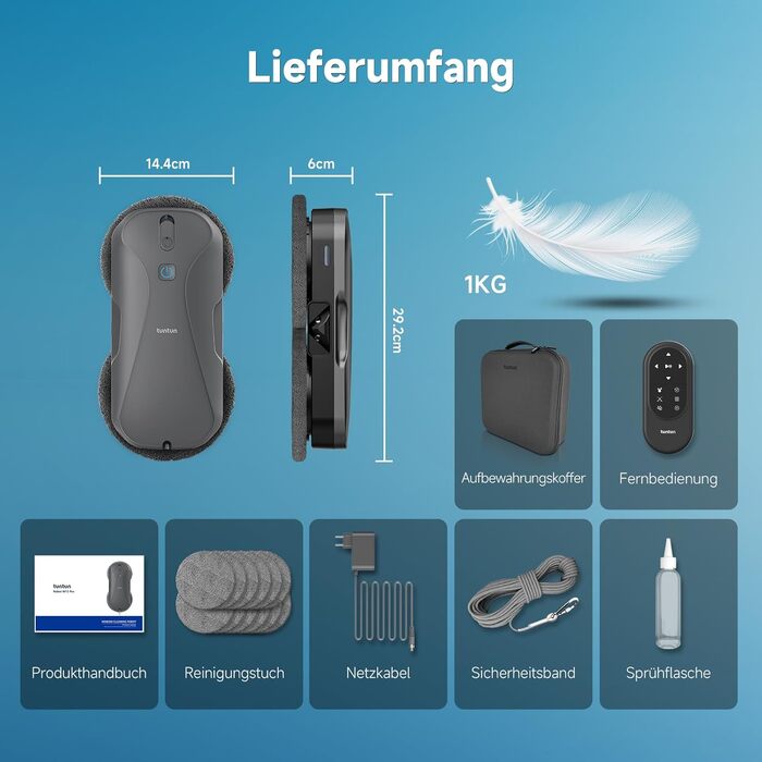 Робот-прибиральник вікон Tuntun W12pro: 5300Pa, 4-Wege система, інтелектуальна навігація, бокс для зберігання, для гладких поверхонь