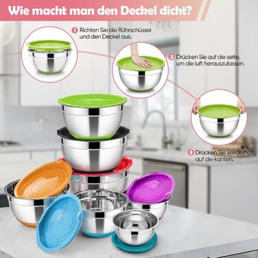Набір мисок HaWare 7 шт. з нержавіючої сталі з кришками, 6.5-0.7л, кольорові, з силіконовим дном