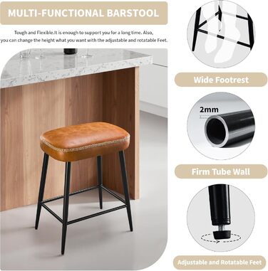 Набір з 2 барних стільців з мікрофібри, ретро дизайн, висота 62.5 см, без спинки, сірий (коричнева шкіра)