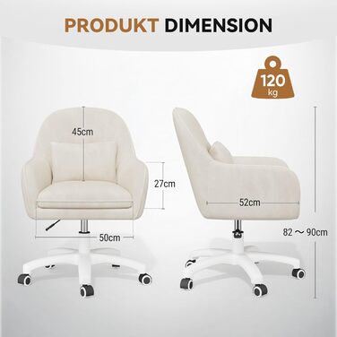 Крісло для дому та офісу Aivermeil: м'яке, з підголівником, обертове, регульоване по висоті, ергономічне, до 120 кг, бежеве