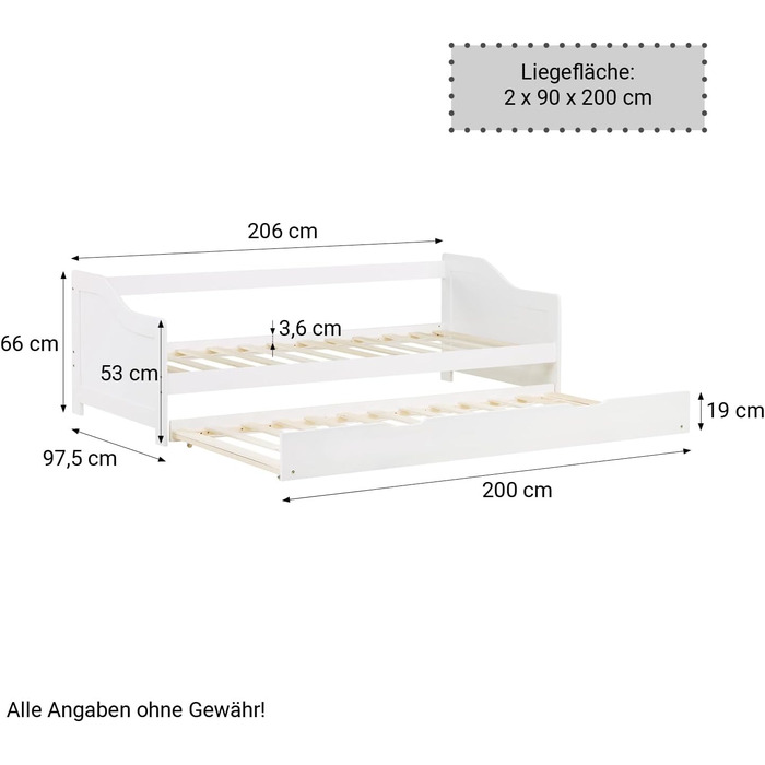 Висувне ліжко Homestyle4u 90x200 з ящиком для зберігання, з ламелями, для дітей, з дерева (сосна), білий