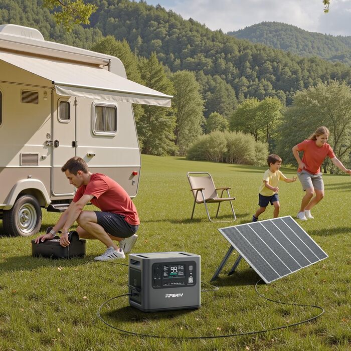 Портативна електростанція AFERIY 3840Wh з LiFePO4 акумулятором, 3x230V AC, 7200W (пікове), 2200W швидка зарядка, для кемпінгу та подорожей