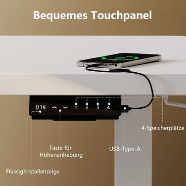 Регульований стіл, 160x80 см, електричний стоячий стіл з подвійним мотором, сенсорна панель, USB-A, кабель-менеджмент, стільниця 25 мм, ергономічний офісний стіл, білий