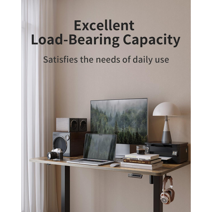 Електричний стіл CUBICUBI з регулюванням висоти, 140 x 60 см. Стельовий стіл з T-подібними ніжками зі сталі, пам'ять керування, антиколізійна система, чорний каркас/коричнева стільниця