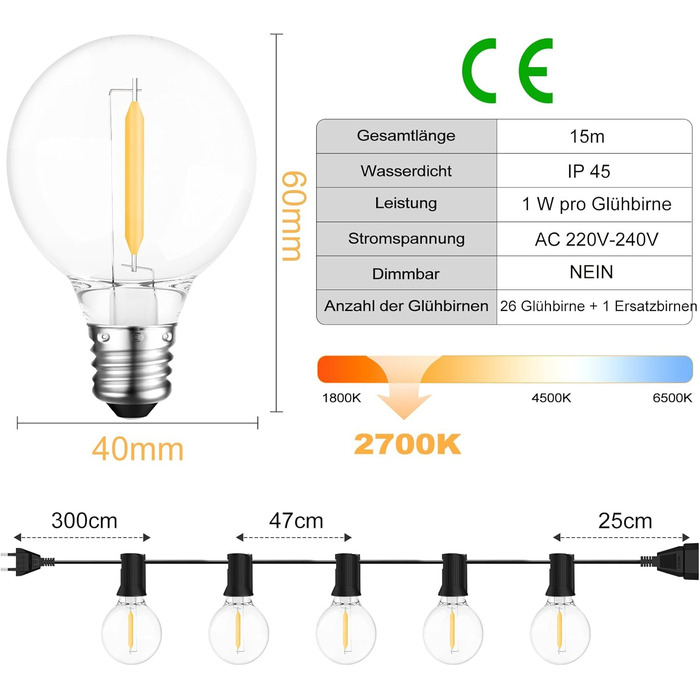 LED гірлянда для вулиці, 10 метрів, 17+1 тепле світло G40, вологостійка IP45, для саду, балкону, тераси